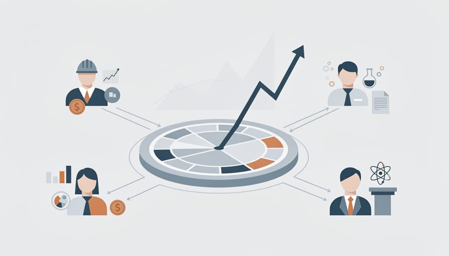 Diverse group of hands gesturing toward renewable energy infrastructure including solar panels and wind turbines