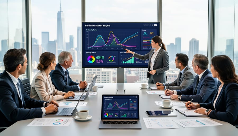 Diverse group of professionals in conference room discussing energy policy strategy with renewable energy models